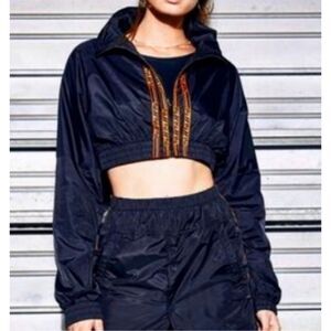 LF the label zip front cropped windbreaker jacket black orange logo stripes S